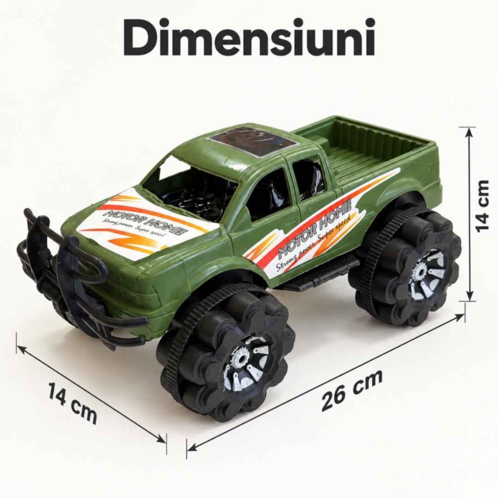 Dimensiunile mașinii pickup: 26 cm lungime, 14 cm lățime și 14 cm înălțime