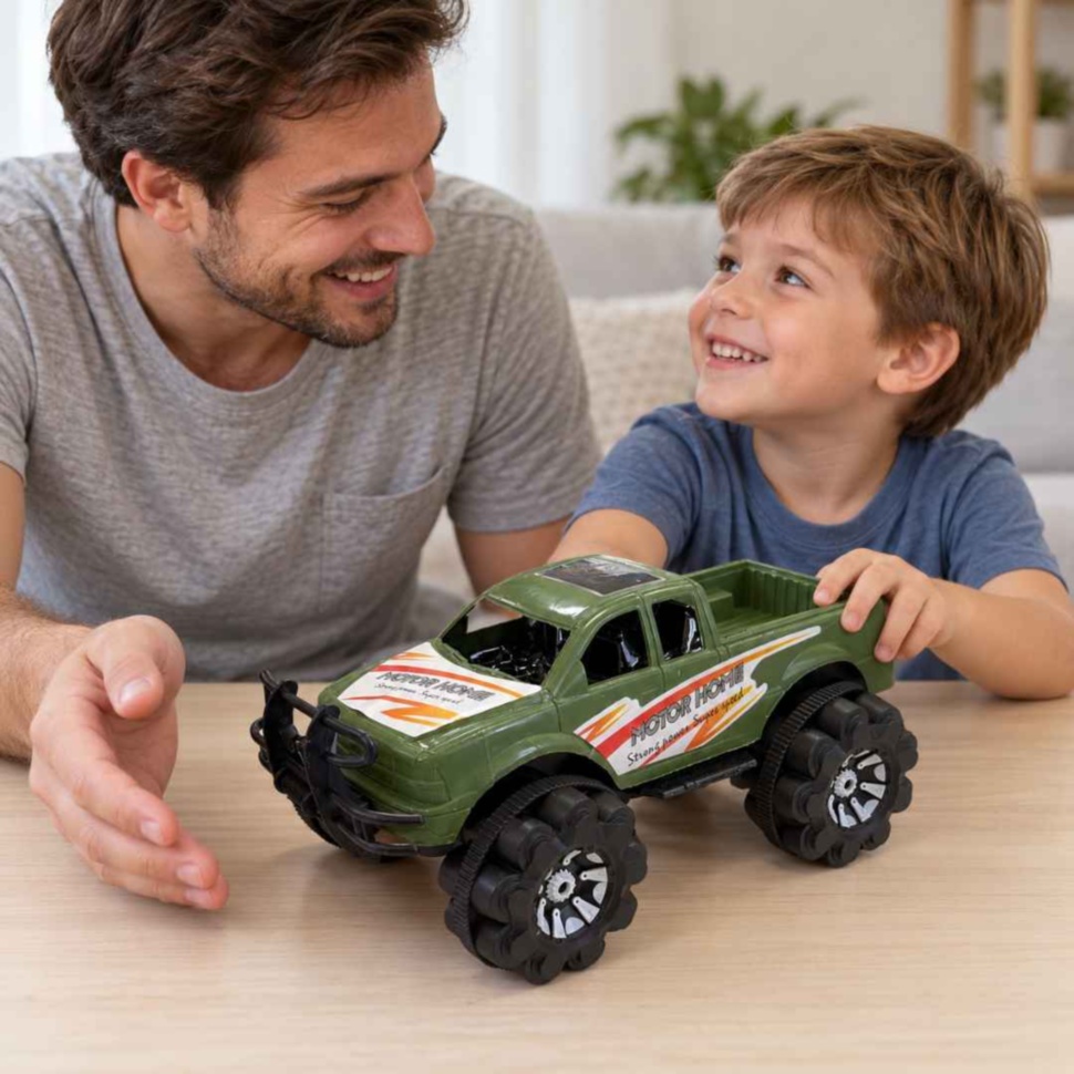 Tată și copil se joacă împreună cu mașina pickup verde cu roți mari