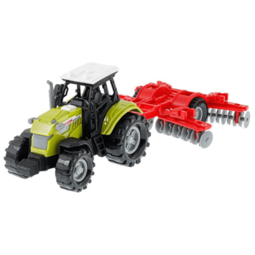 Tractor de jucărie verde cu plug roșu și lumini