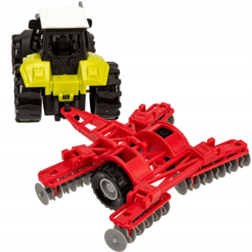 Tractor de jucărie verde cu plug roșu și lumini