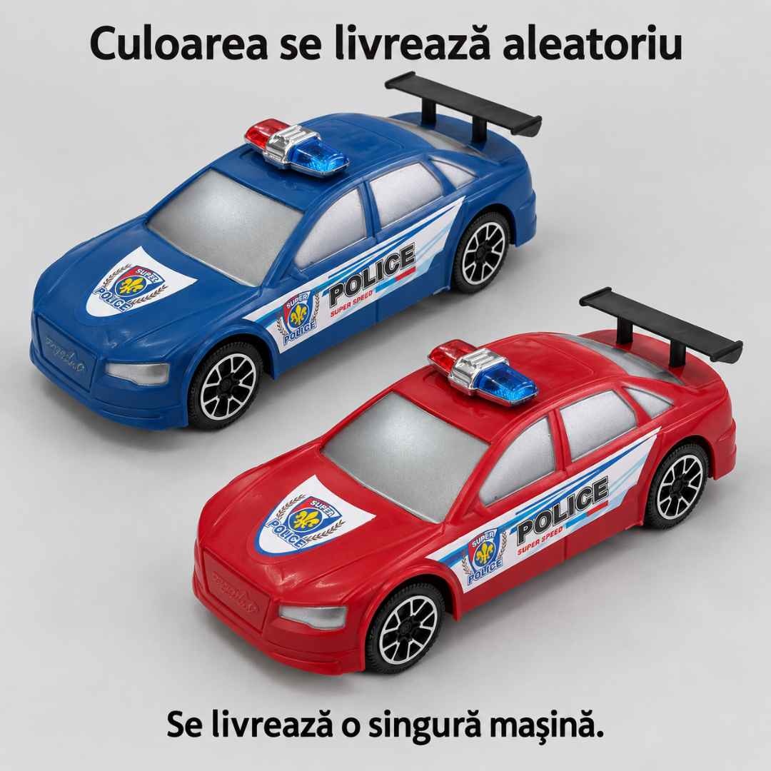 Variantele albastră și roșie ale mașinii de poliție; se livrează o singură mașină, în culoare aleatorie