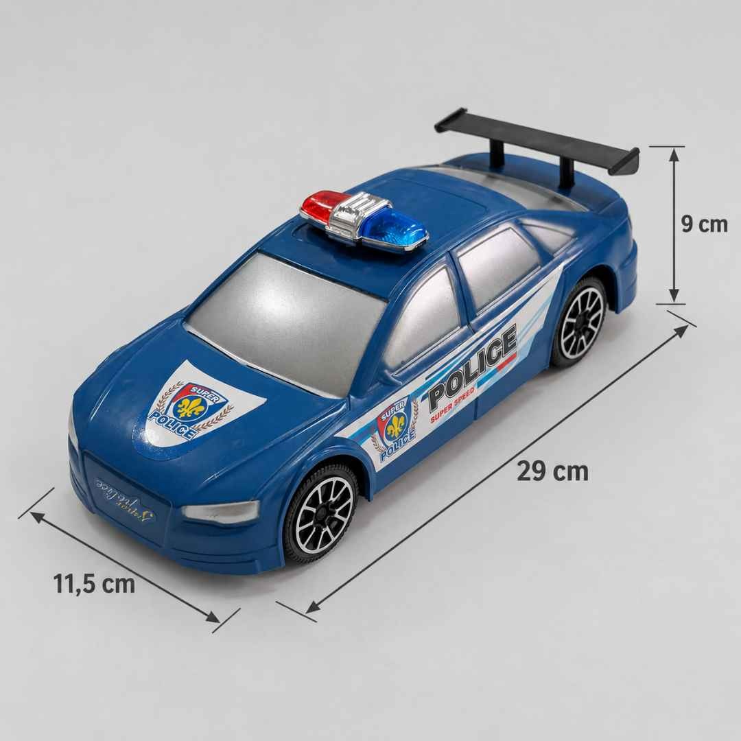 Dimensiunile mașinii de poliție: 29 cm lungime, 11,5 cm lățime și 9 cm înălțime