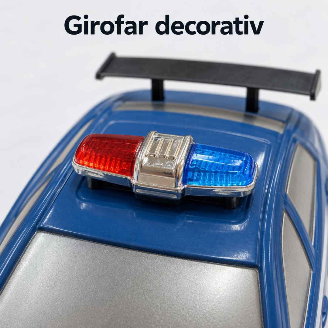 Detaliu al girofarului decorativ roșu-albastru și al eleronului negru al mașinii de poliție