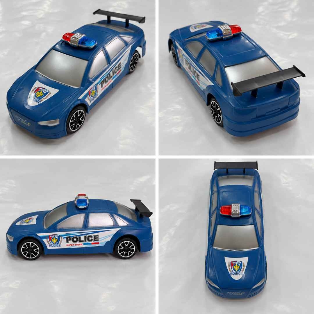 Mașina albastră de poliție văzută din față, din spate, din lateral și de sus