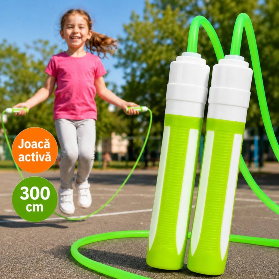 Coardă de sărit pentru copii 300 cm cu mânere verzi