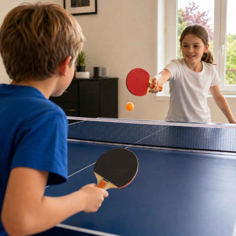 Doi copii se joacă tenis de masă cu paletele roșie și neagră