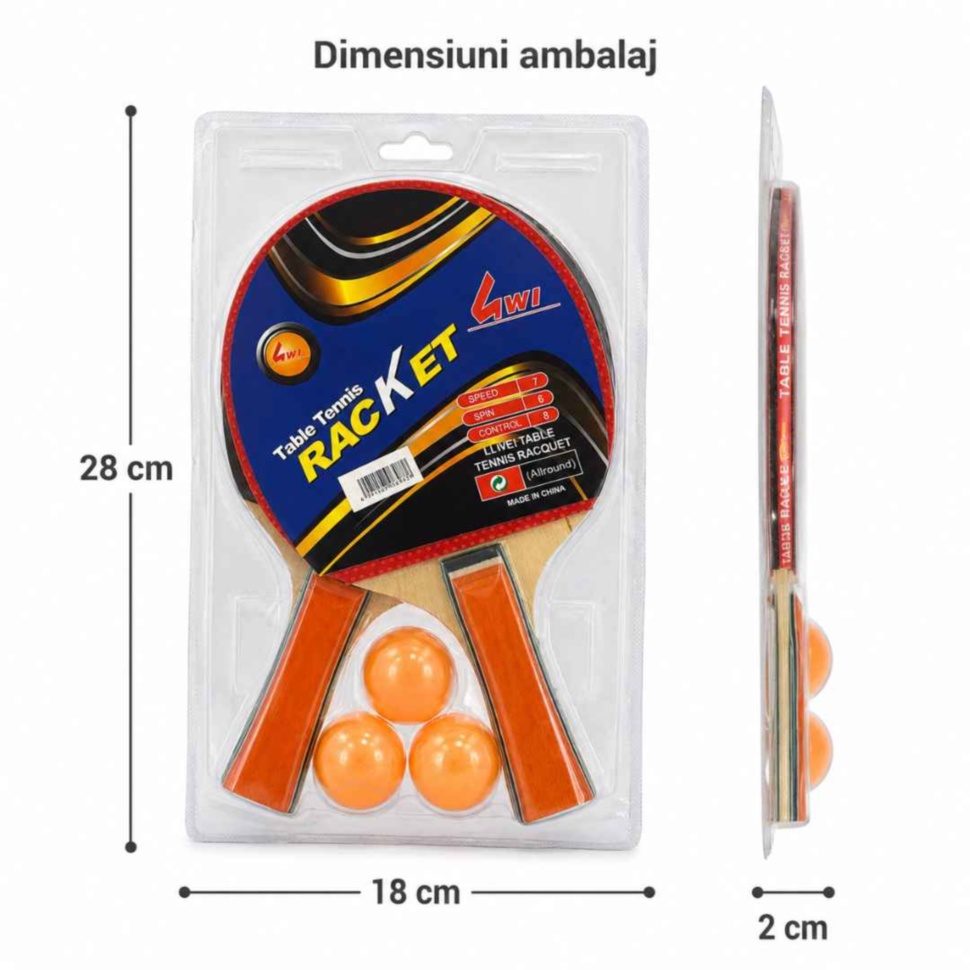 Ambalajul setului de tenis de masă cu dimensiunile 28 pe 18 pe 2 centimetri