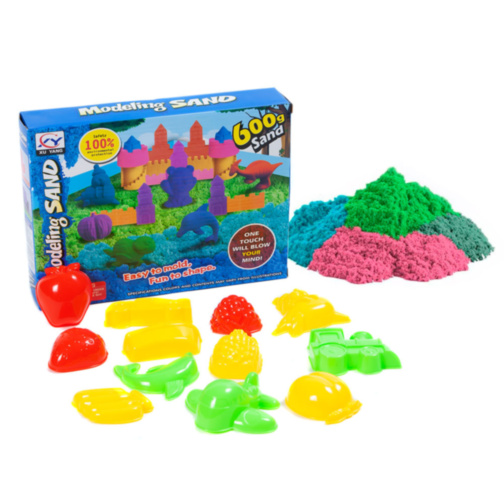 Set Nisip Kinetic cu 2 culori și 12 Forme de Modelat Mașinuțe și Fructe, 600gr.