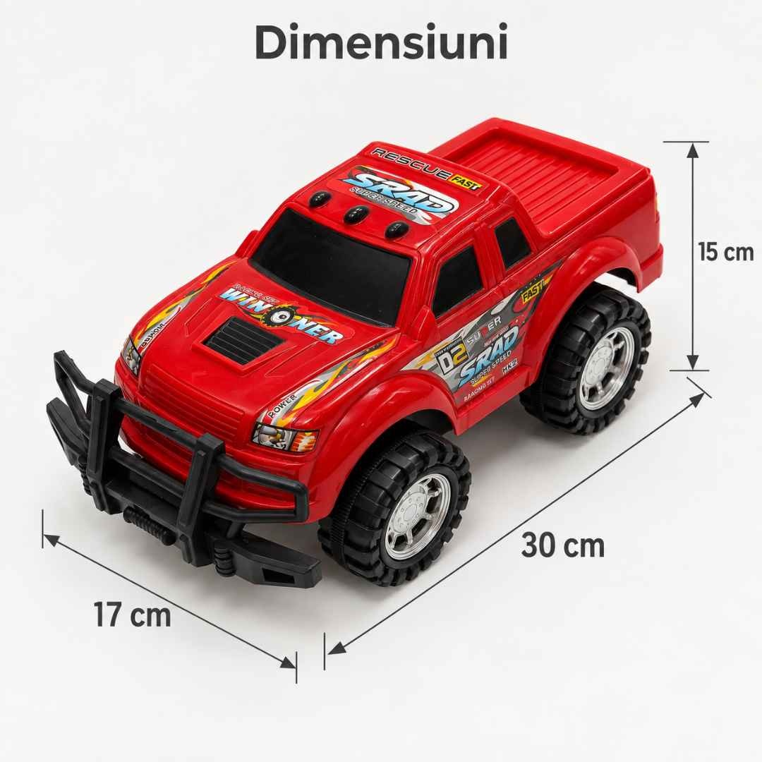 Dimensiunile mașinii de teren: 30 cm lungime, 17 cm lățime și 15 cm înălțime