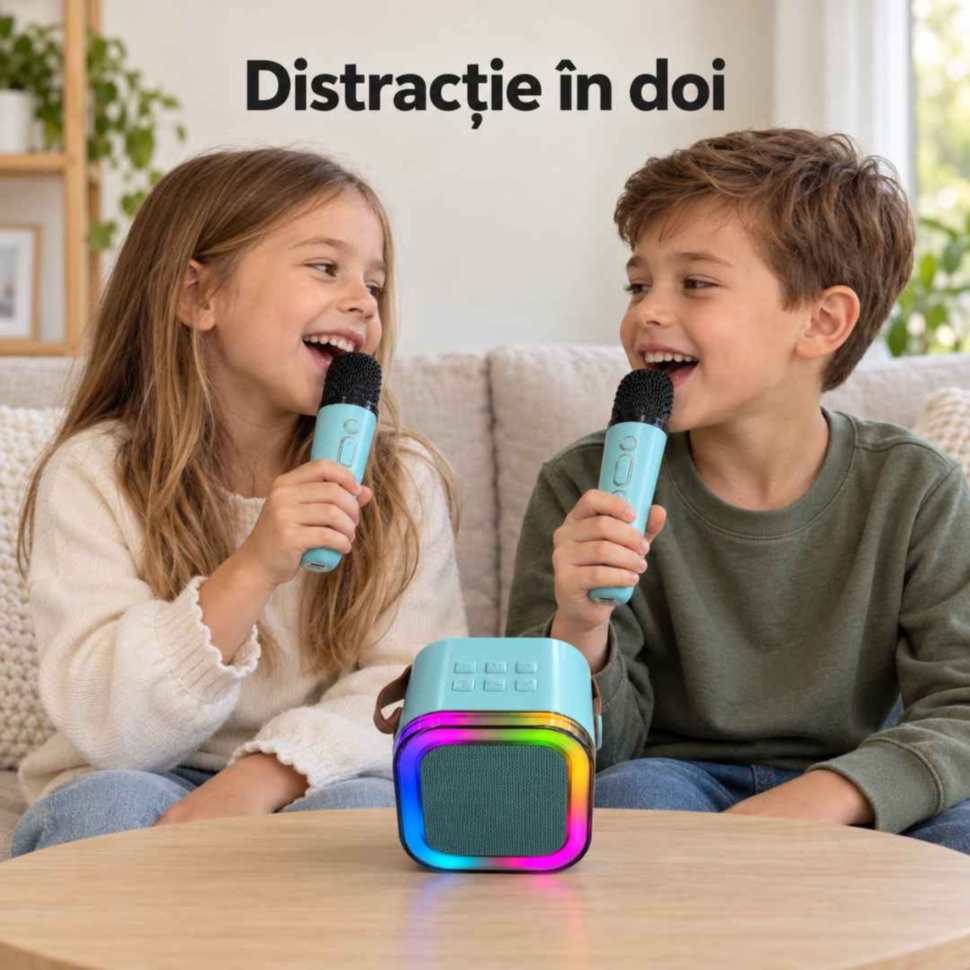 Doi copii cântă împreună cu cele două microfoane wireless și boxa karaoke turcoaz cu lumini RGB