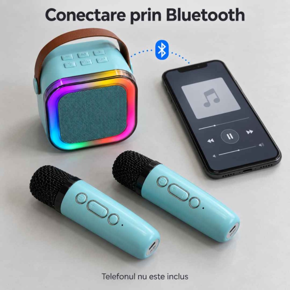 Conectarea boxei karaoke la un telefon prin Bluetooth, alături de cele două microfoane; telefonul nu este inclus