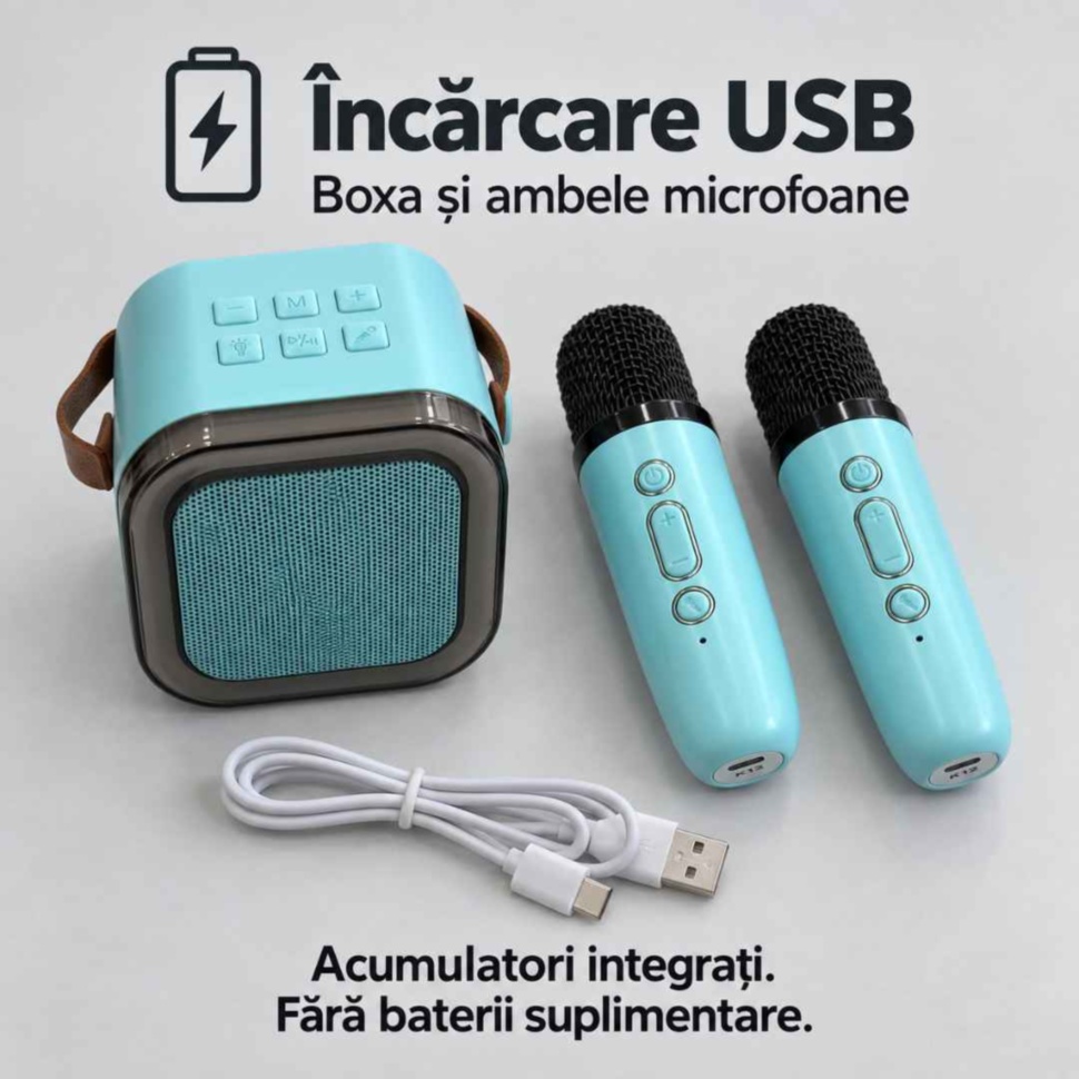 Boxa și ambele microfoane se încarcă prin USB și au acumulatori integrați, fără baterii suplimentare