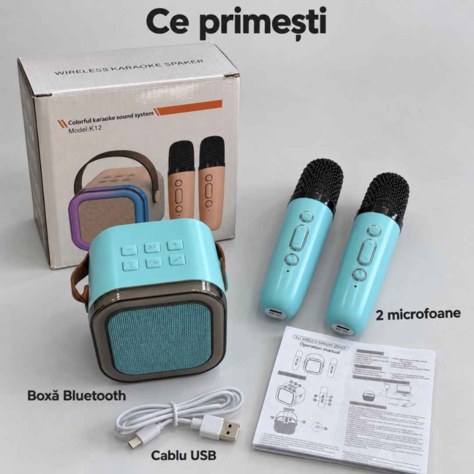 Conținutul setului karaoke: boxă Bluetooth, două microfoane, cablu USB, instrucțiuni și cutia produsului