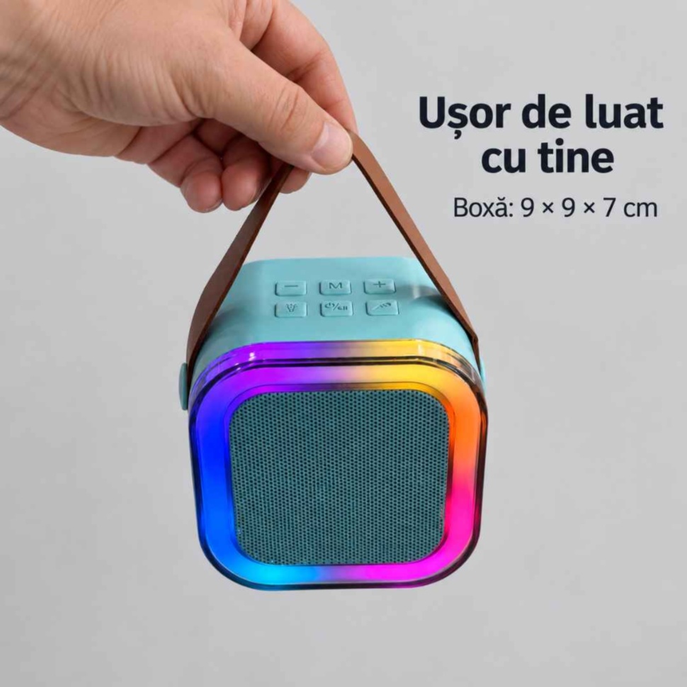 Boxa karaoke de 9 × 9 × 7 cm, ținută în mână de cureaua maro pentru transport