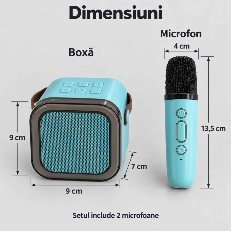 Dimensiunile setului karaoke: boxă de 9 × 9 × 7 cm și microfon de 13,5 × 4 cm; setul include două microfoane
