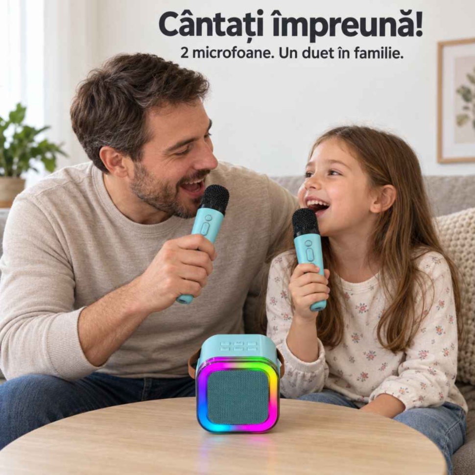 Tată și fiică interpretează un duet folosind cele două microfoane ale setului karaoke