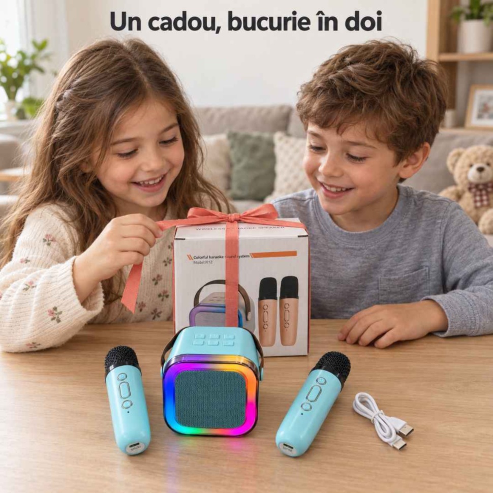 Setul karaoke prezentat ca un cadou pentru doi copii, cu boxa, cele două microfoane și cablul USB alături de cutie