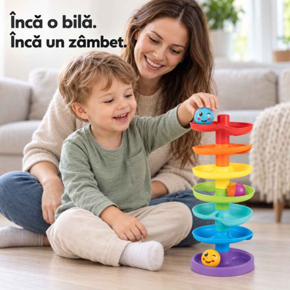 Copil alături de mamă, așezând bila albastră pe pista de sus a turnului colorat