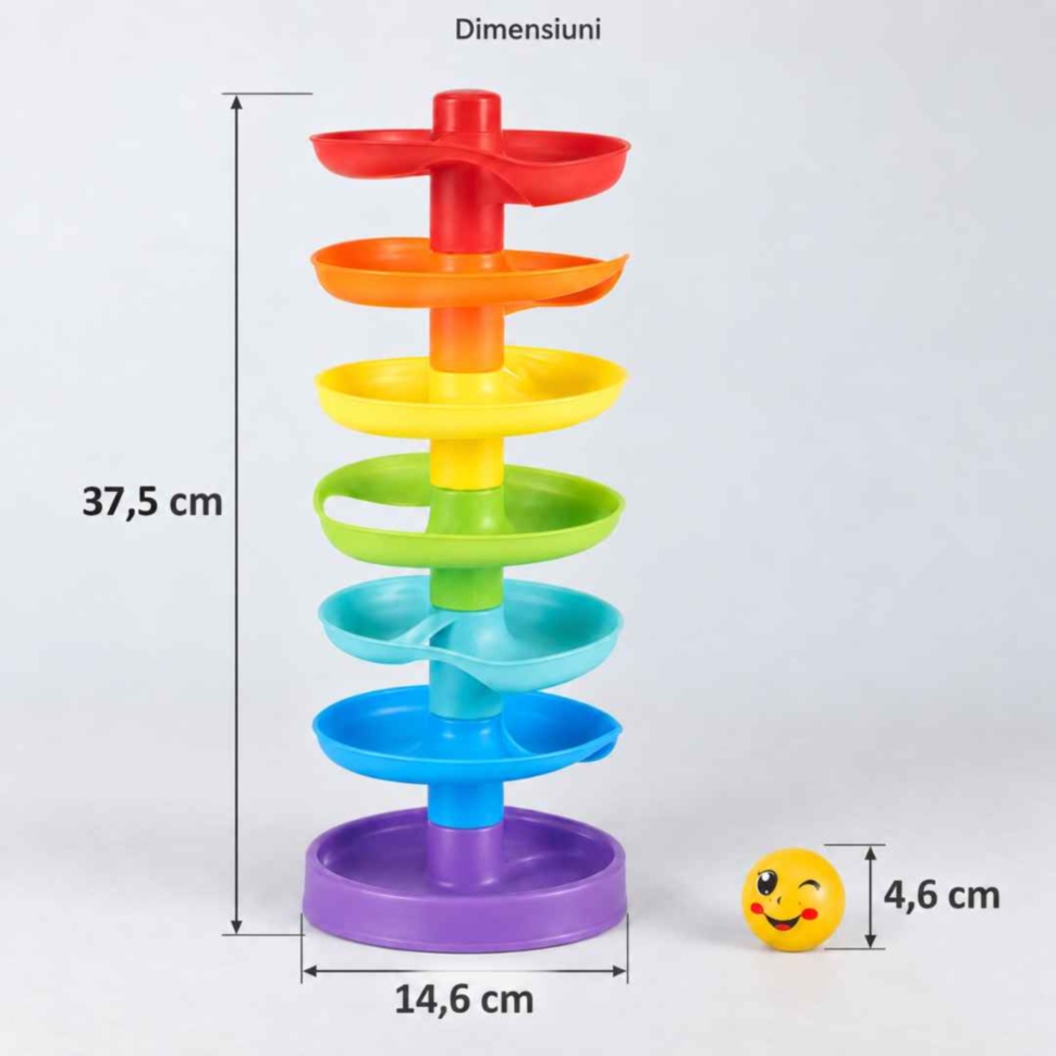 Dimensiunile turnului: 37,5 cm înălțime, bază cu diametrul de 14,6 cm și bile cu diametrul de 4,6 cm