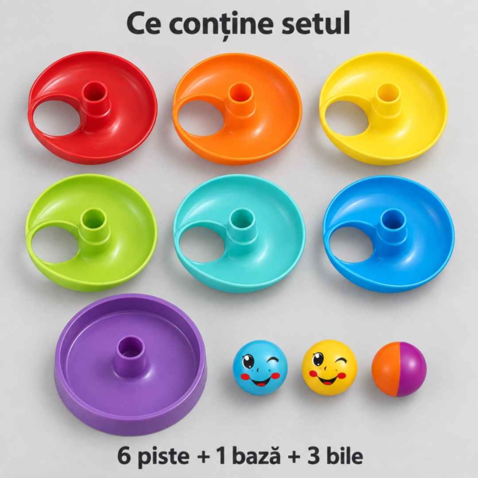 Componentele setului așezate separat: șase piste colorate, o bază mov și trei bile