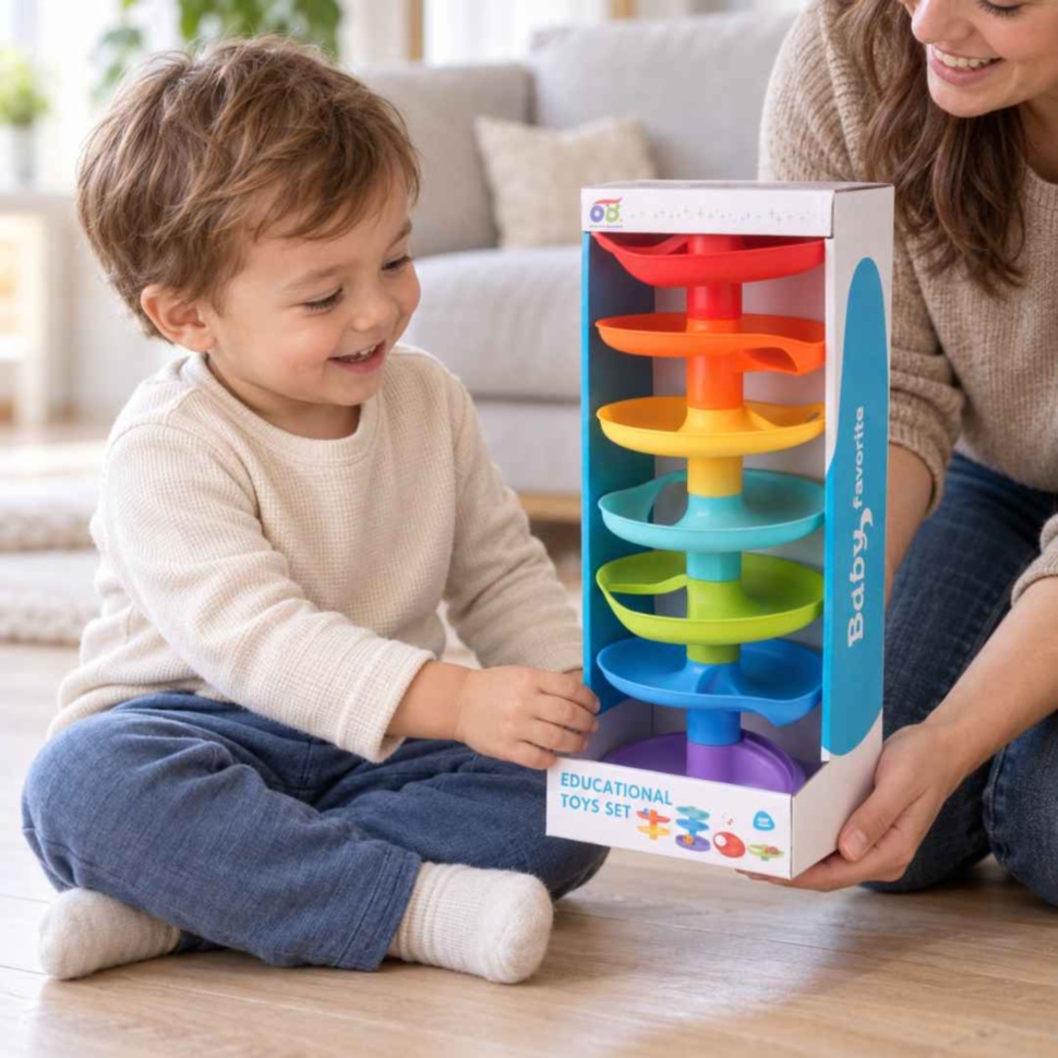 Copil alături de mamă, descoperind turnul colorat în cutia produsului