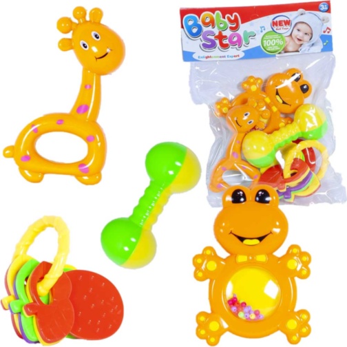 Set 4 Zornăitoare, Broscuță, Girafă, Inele Colorate și Maracas