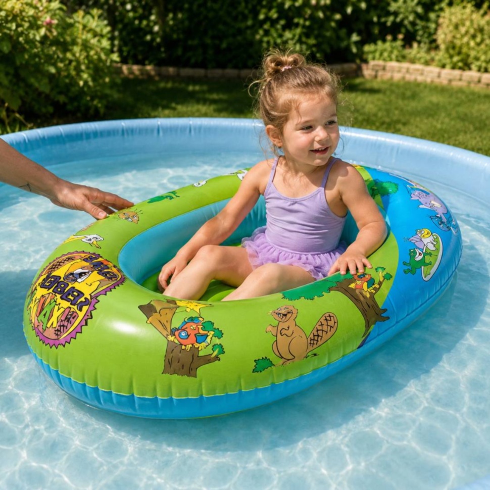 Fetiță se joacă în piscină cu colac gonflabil tip bărcuță