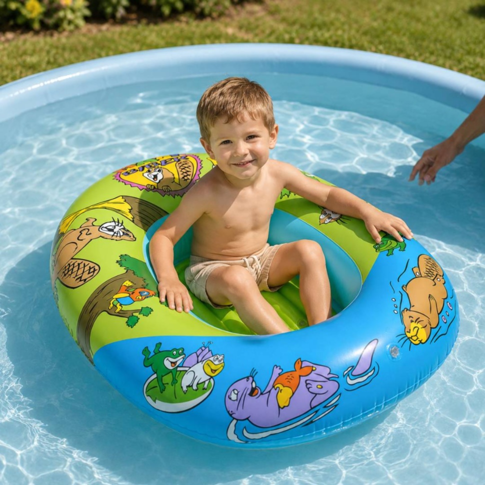Băiețel stă în colac gonflabil tip barcă pentru piscină