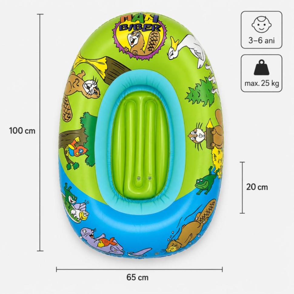 Dimensiuni colac gonflabil tip bărcuță 100 × 65 × 20 cm pentru copii 3–6 ani