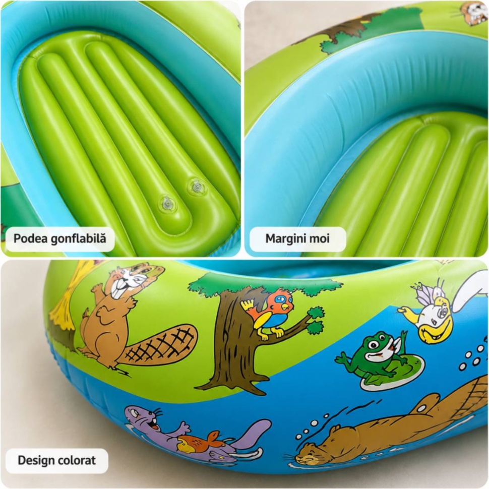 Podea gonflabilă, margini moi și design colorat la colacul tip bărcuță