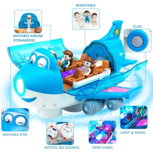Avion Interactiv cu Lumină, Muzică și 3 Omuleți (albastru) 