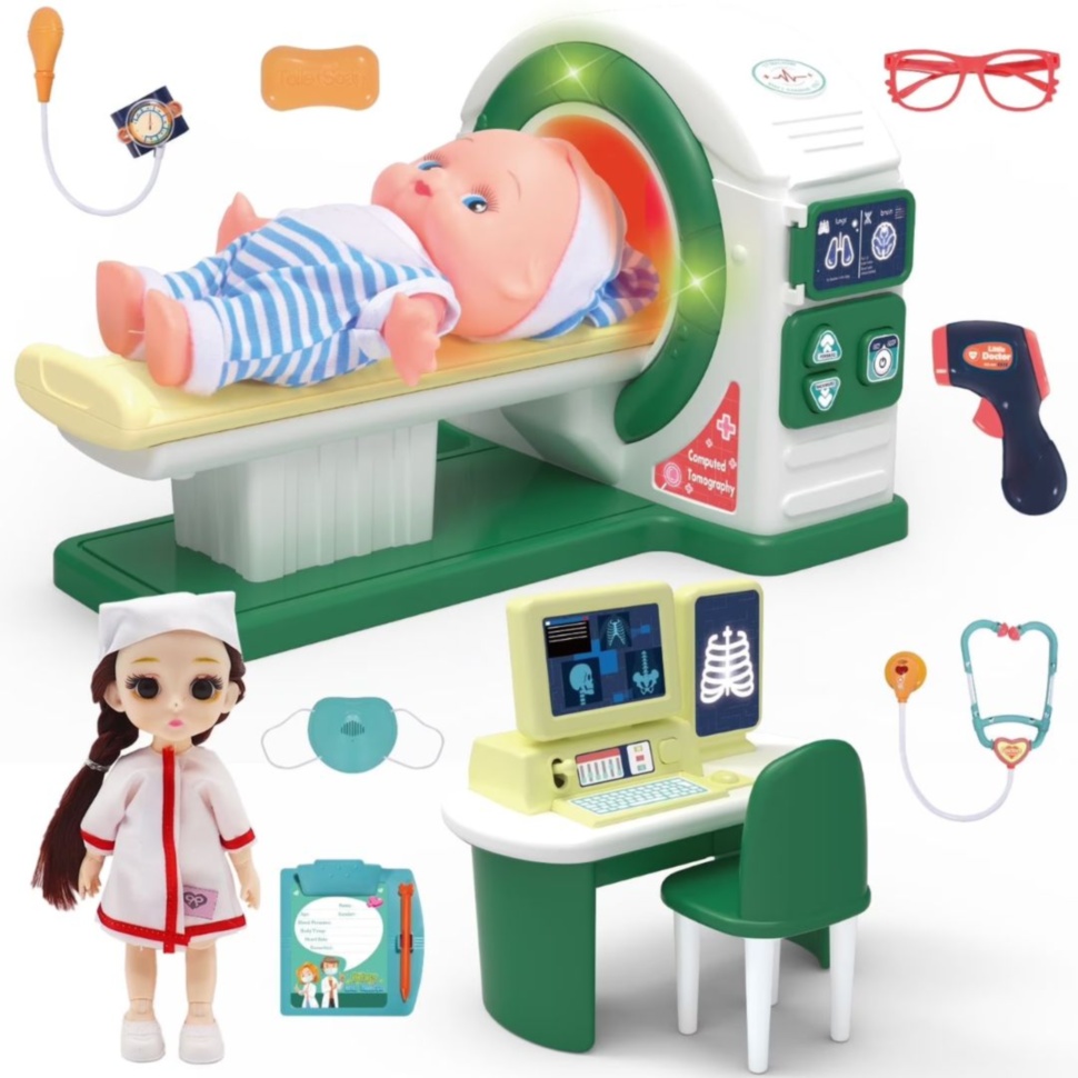 Set doctor cu scanner CT de jucărie, păpușă pacient, păpușă doctor, măsuță și accesorii medicale
