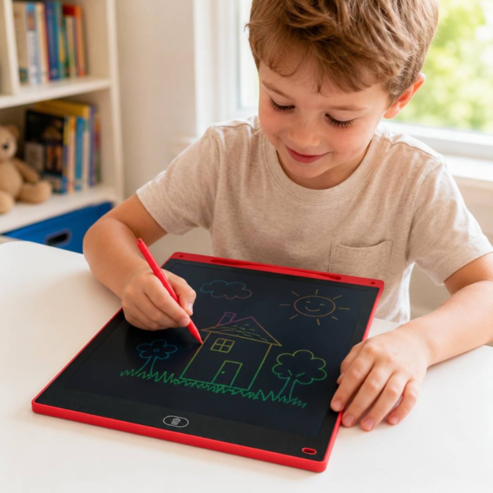 Copil desenează pe tableta LCD mare cu stylus roșu