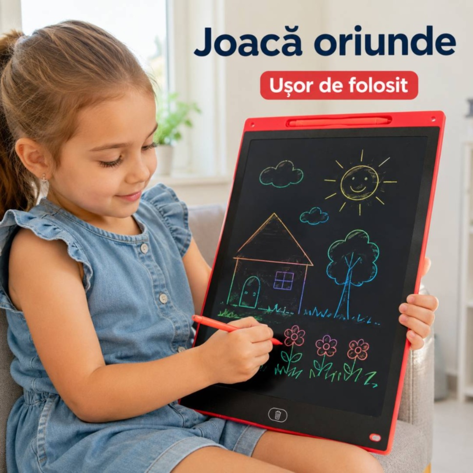 Fetiță folosește tableta LCD pentru desen oriunde în casă