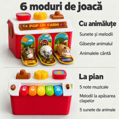 Fermă interactivă Pop Up cu animale, lumini și pian