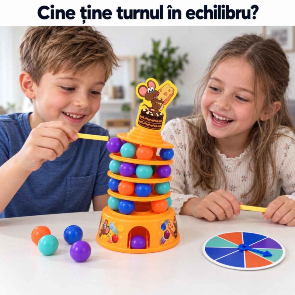 Doi copii se joacă Tumbling Cake și împing bilele colorate cu bețișoarele