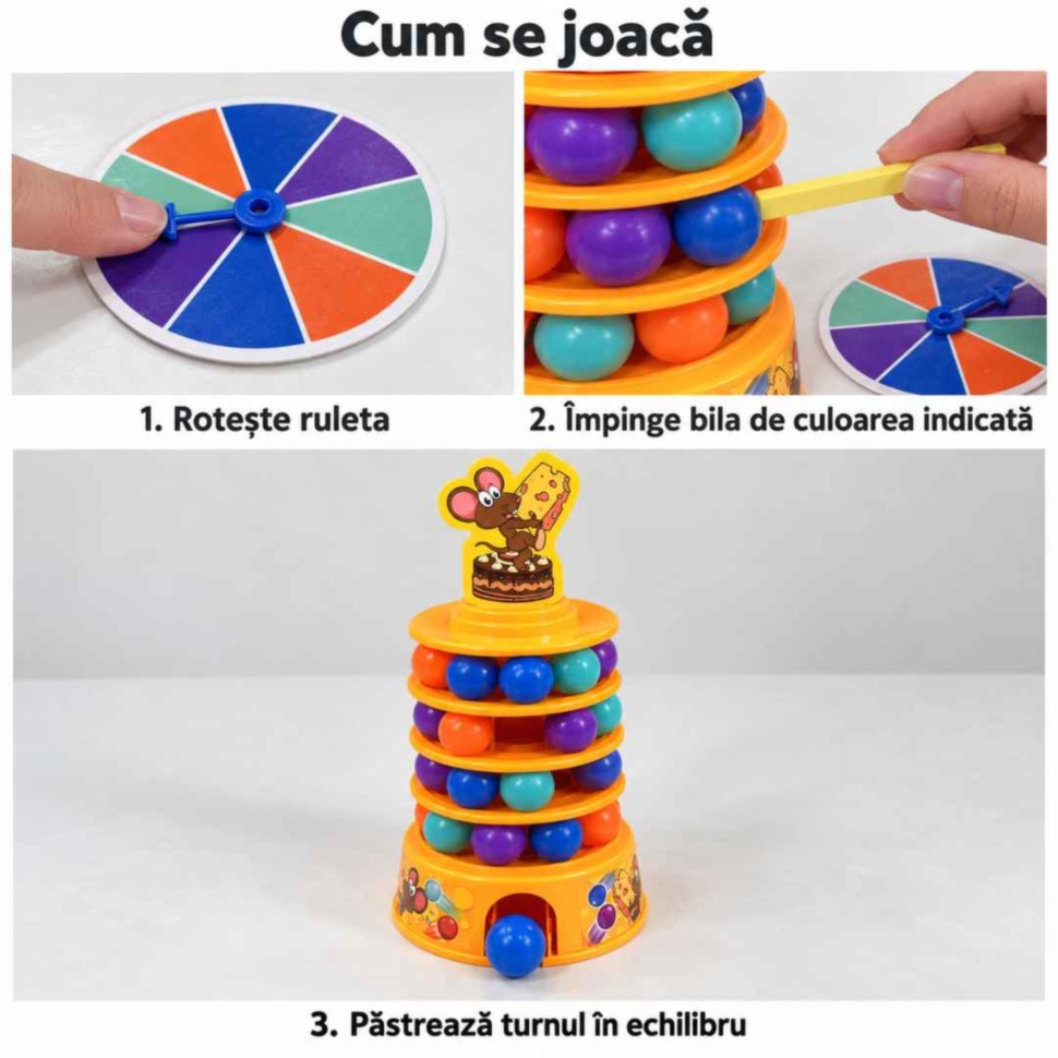Cum se joacă Tumbling Cake: rotește ruleta, împinge bila de culoarea indicată și păstrează turnul în echilibru