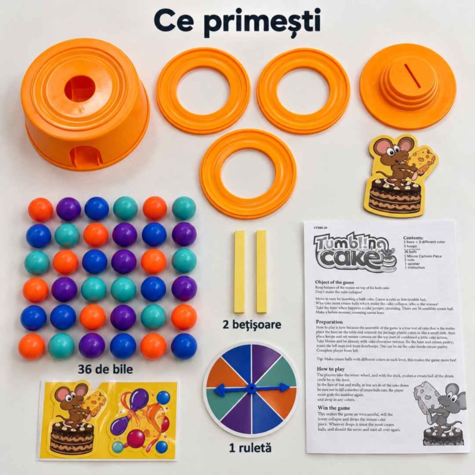 Conținutul jocului Tumbling Cake: componente pentru turn, 36 de bile, două bețișoare, ruletă, autocolante și instrucțiuni