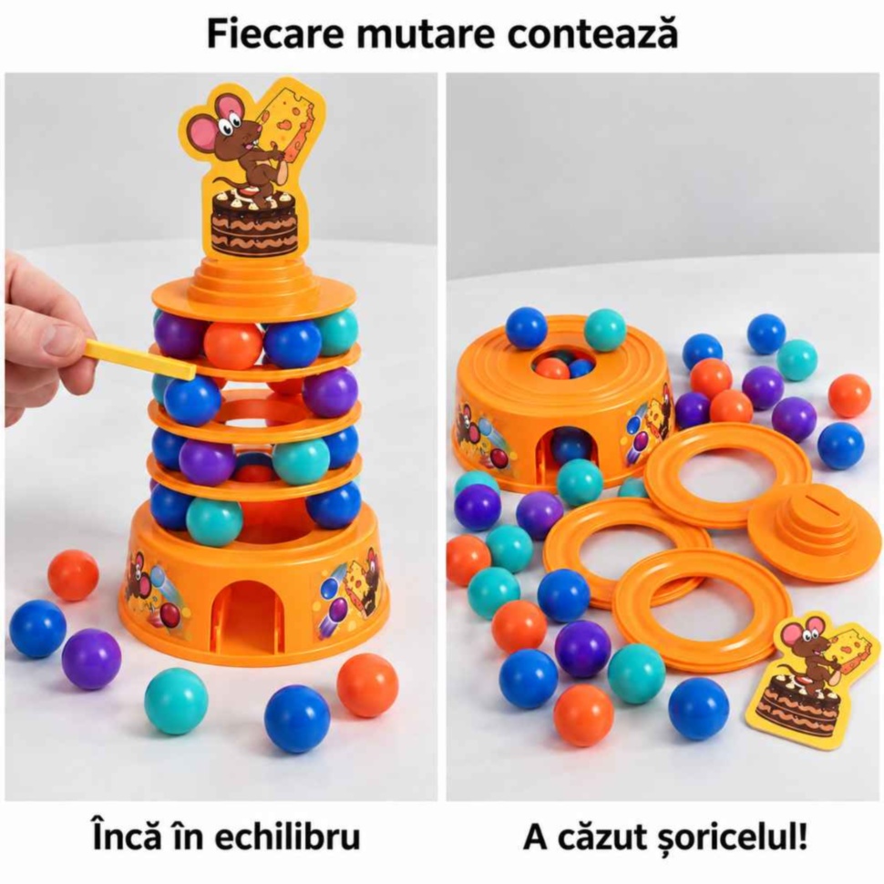Turnul Tumbling Cake în echilibru și piesele răsturnate după căderea șoricelului