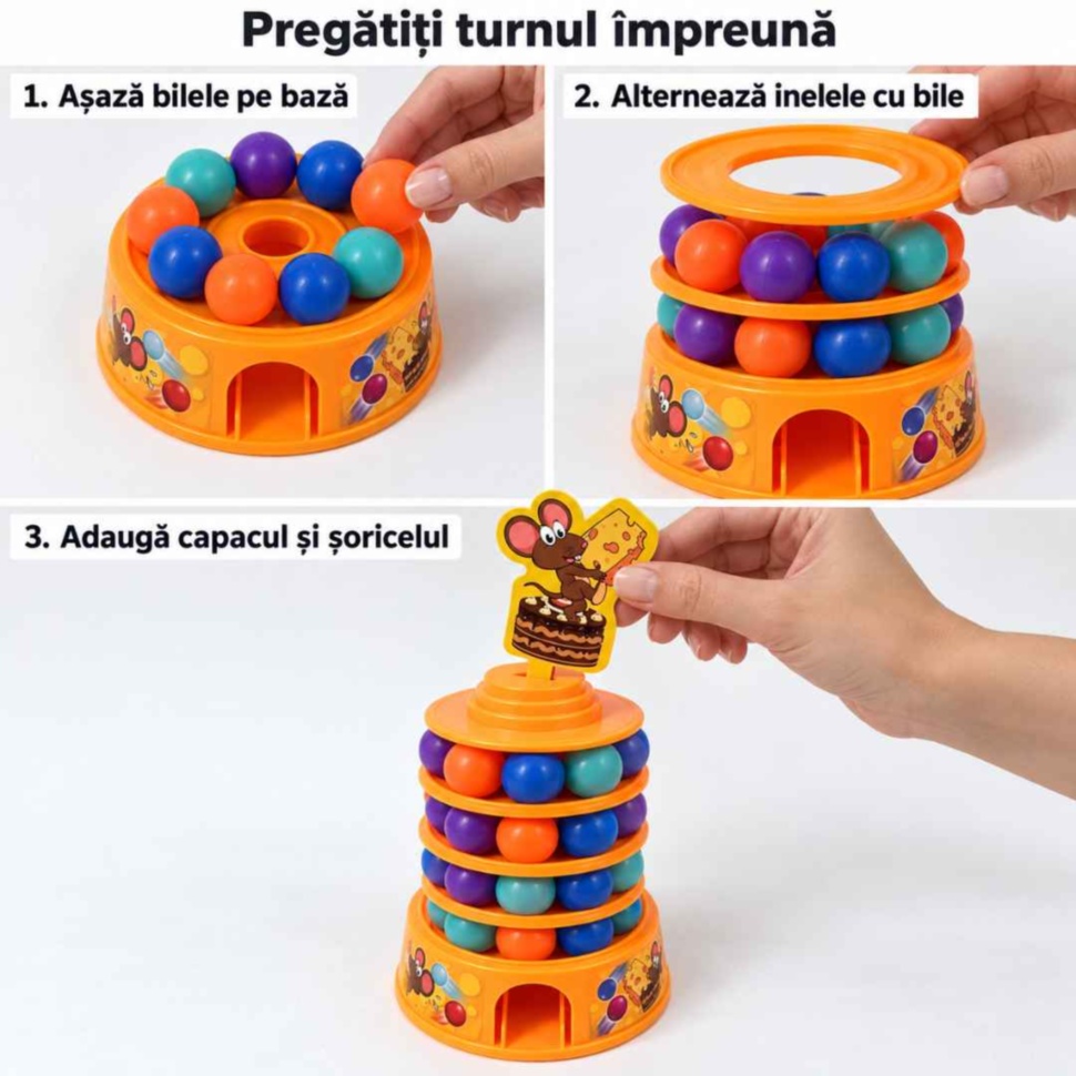 Montarea turnului Tumbling Cake: bile pe bază, inele între straturi, capac și șoricel în vârf