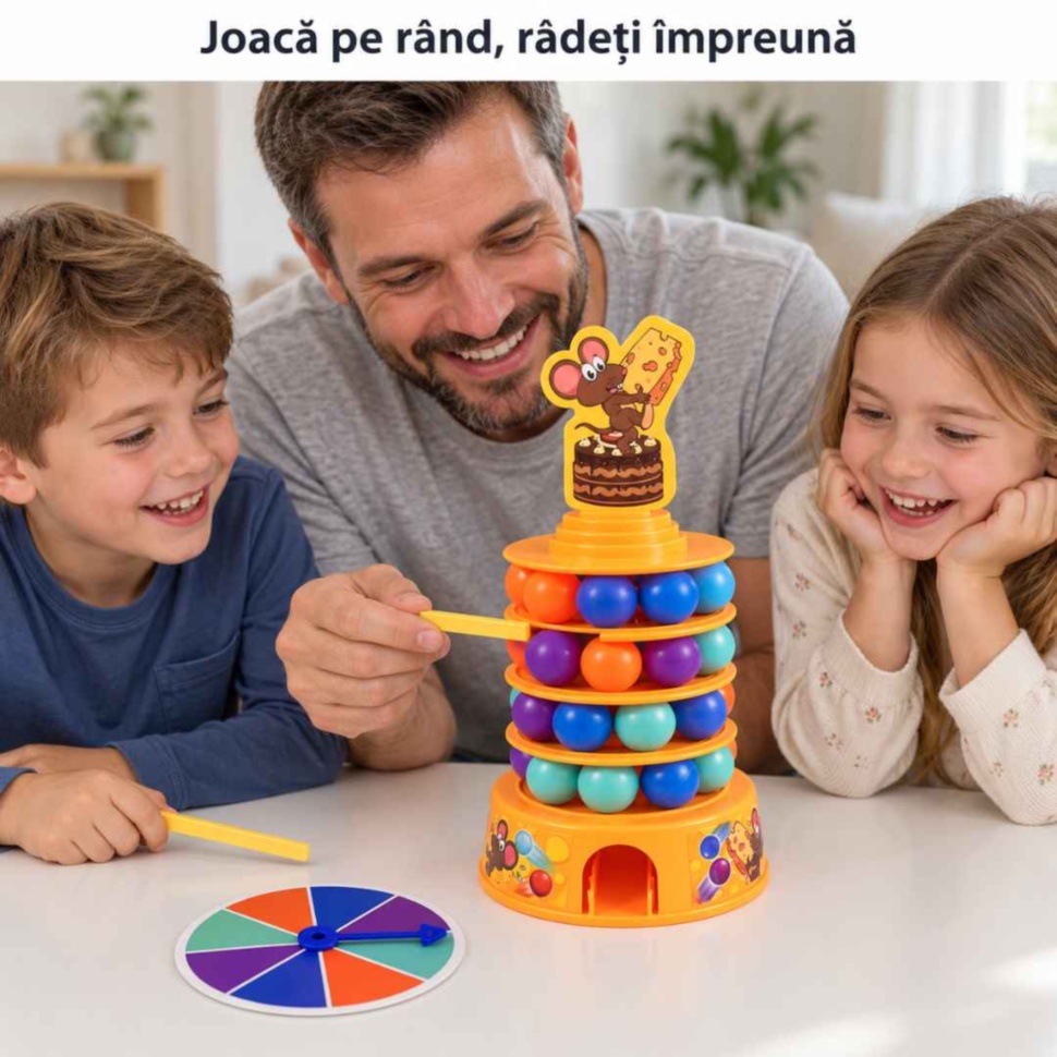 Tată și doi copii se joacă împreună Tumbling Cake la masă