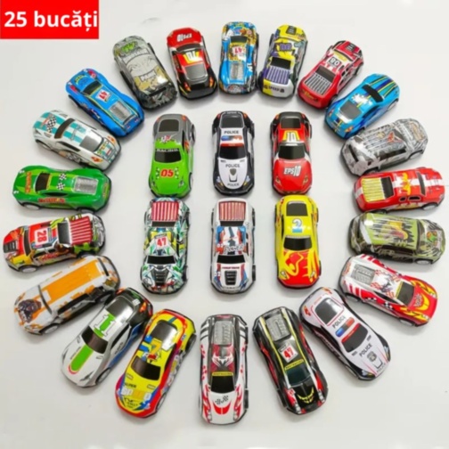 Set 25 Mașinuțe Metalice cu Mecanism Pull-Back – Modele Sport și Graffiti 