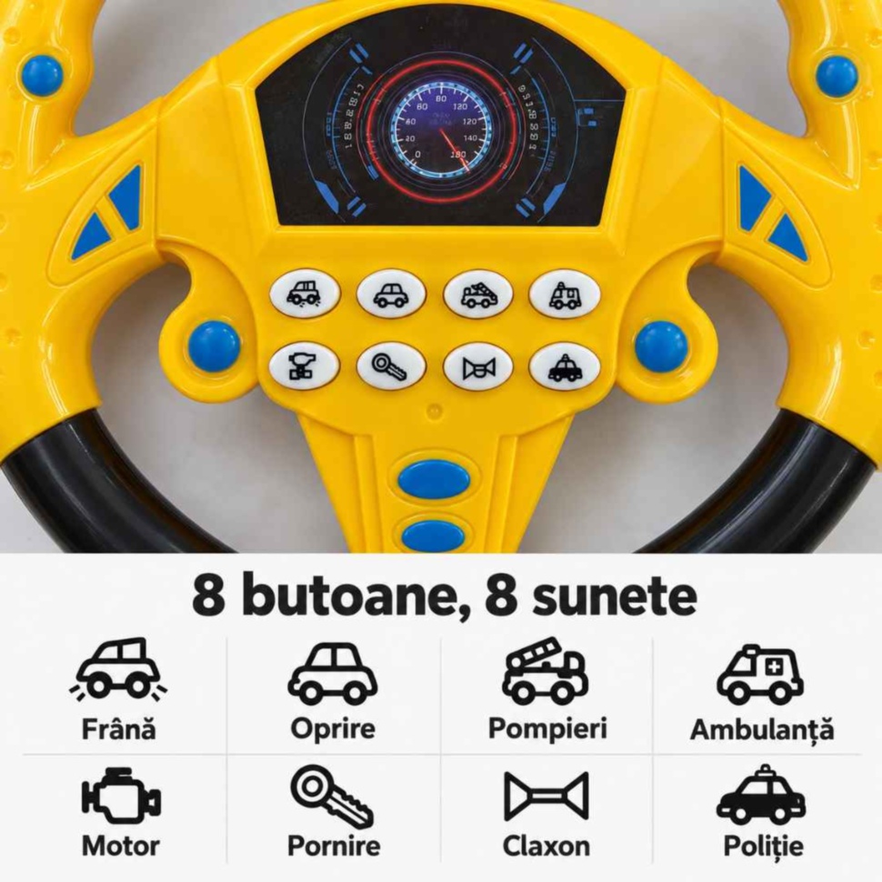 Cele 8 sunete ale volanului: frână, oprire, pompieri, ambulanță, motor, pornire, claxon și poliție