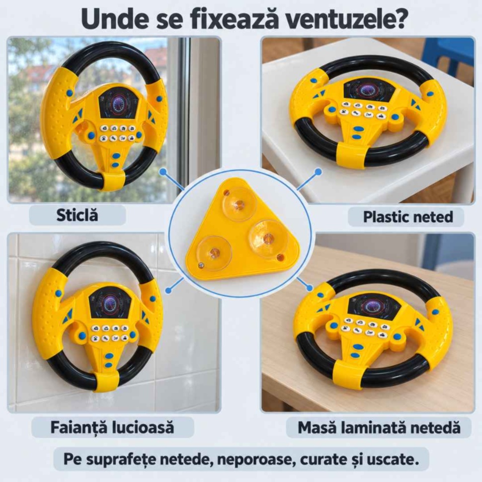 Fixarea volanului cu ventuze pe sticlă, plastic neted, faianță lucioasă și masă laminată netedă