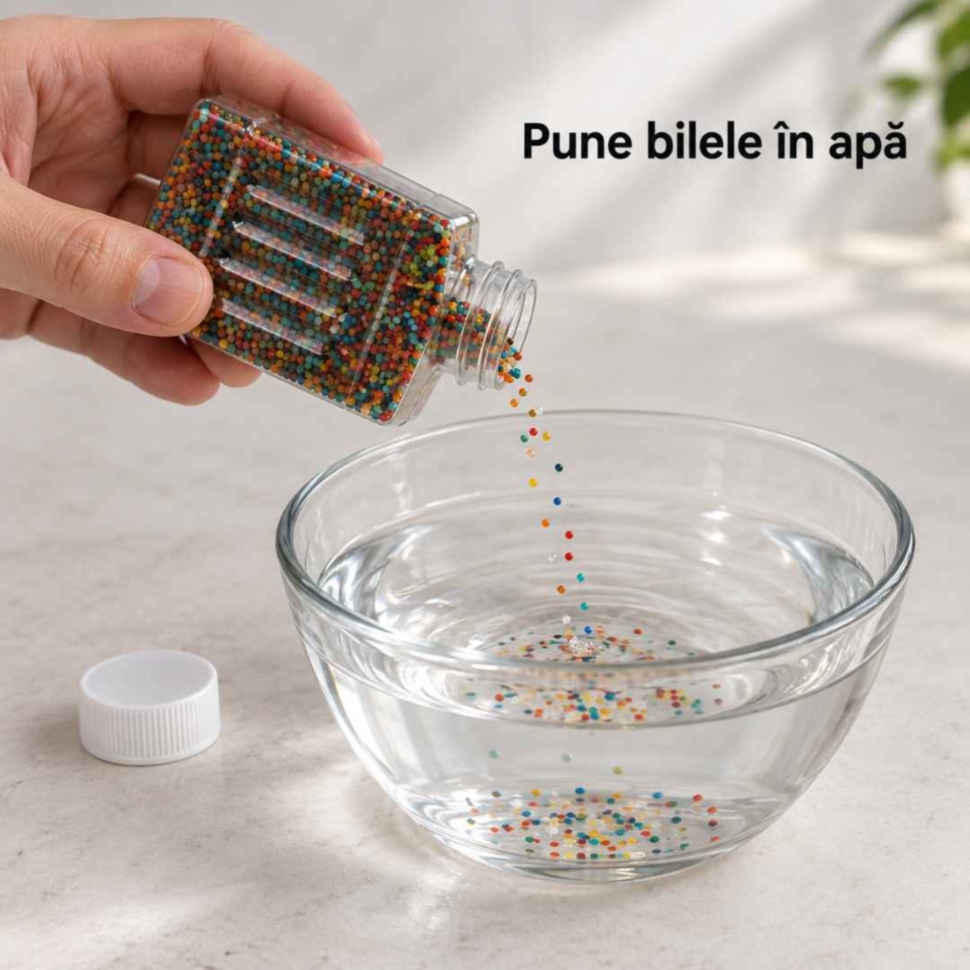 Bile hidrogel uscate turnate din recipient într-un vas cu apă pentru hidratare