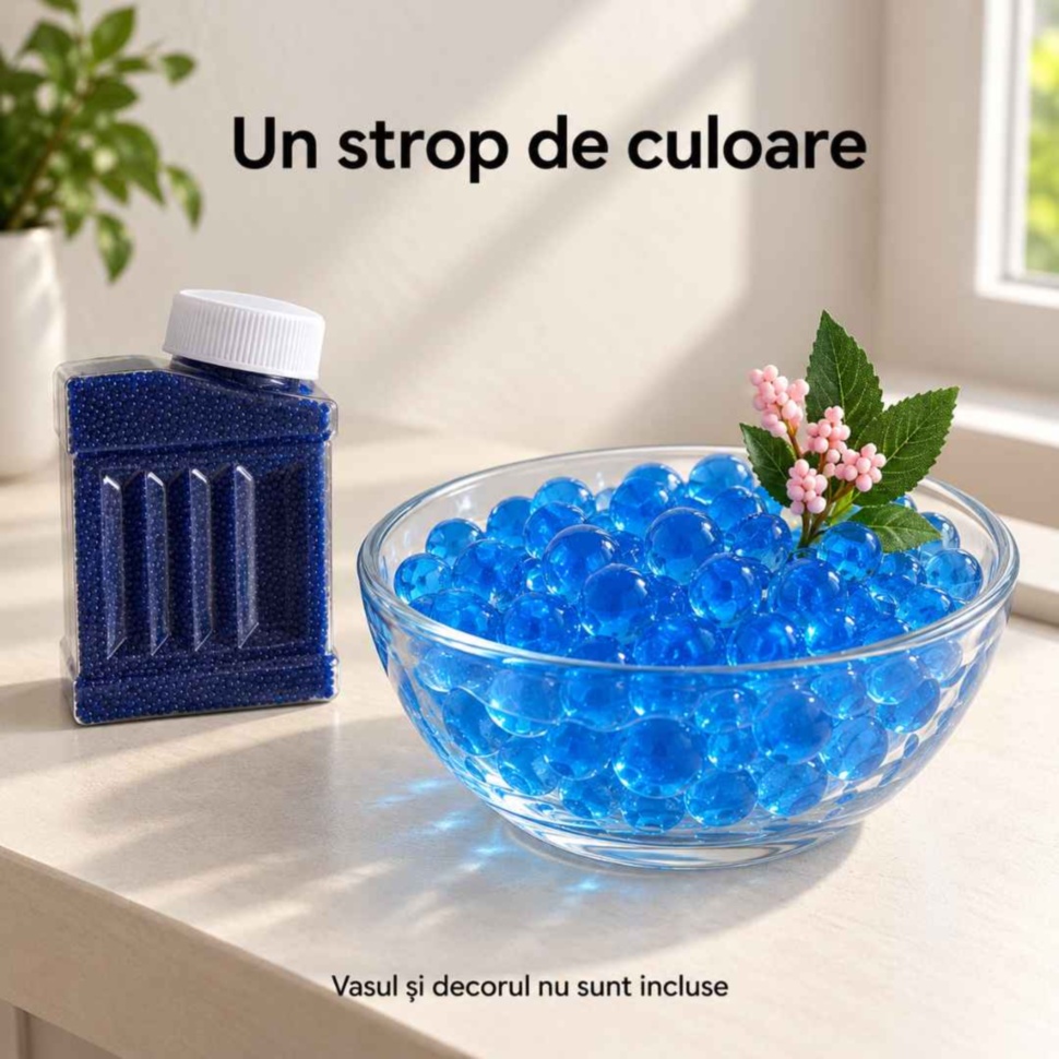 Exemplu de decor cu bile hidrogel albastre hidratate într-un vas transparent; vasul și decorul nu sunt incluse