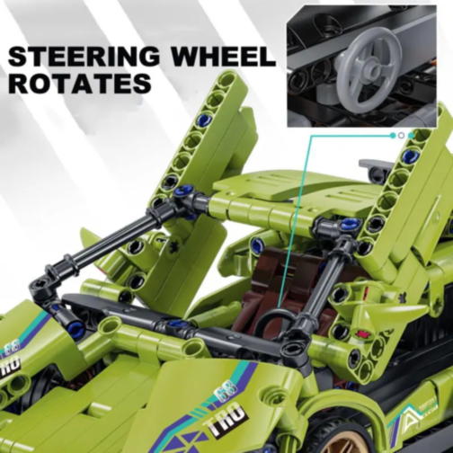 Mașină Supercar Mecanică Verde cu Funcție Pull-Back, Set de 470 Piese