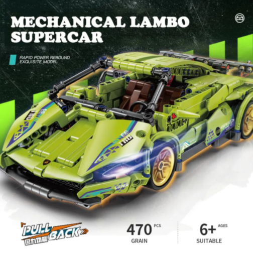Mașină Supercar Mecanică Verde cu Funcție Pull-Back, Set de 470 Piese