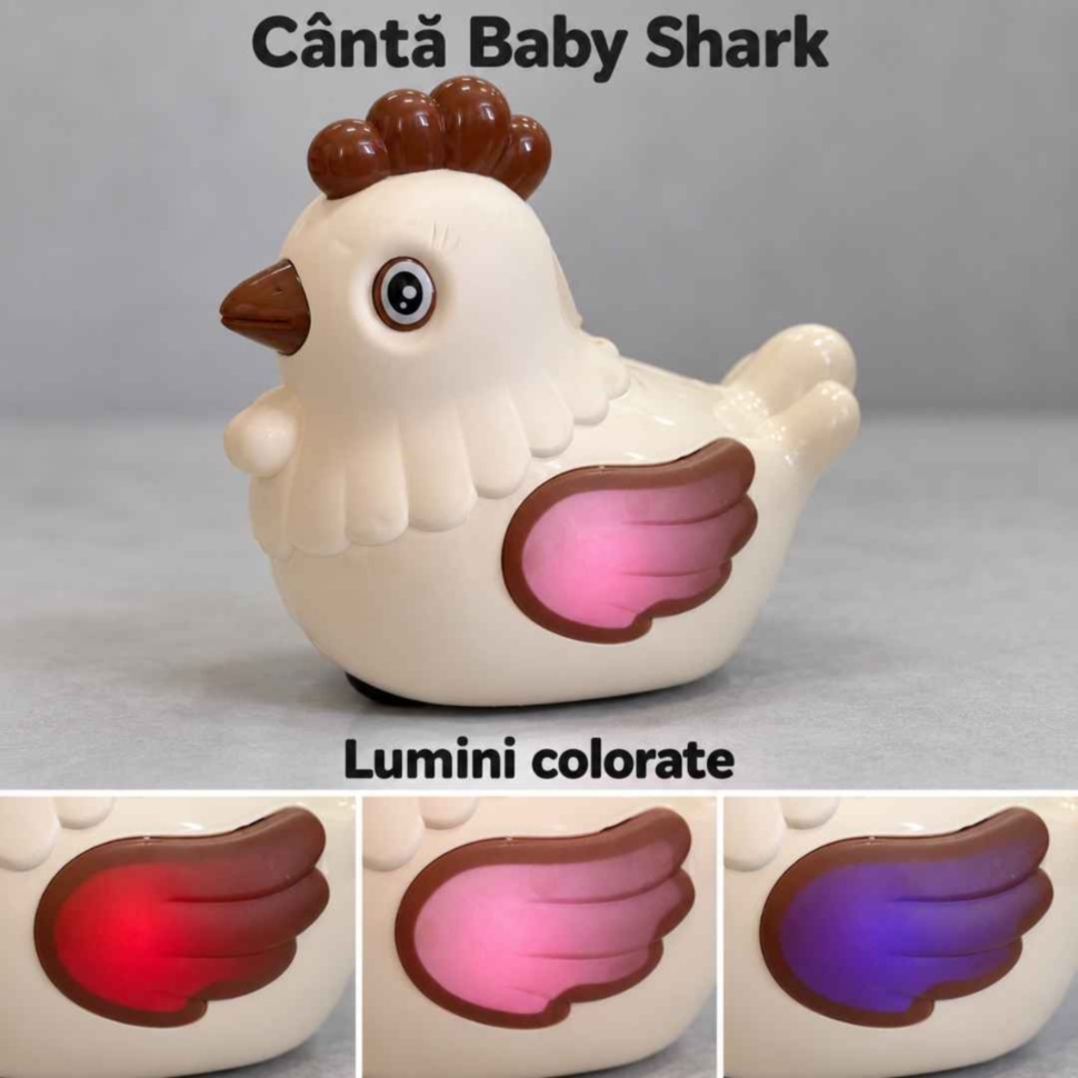 Găinușa cântă Baby Shark și luminează în culori diferite în zona aripilor