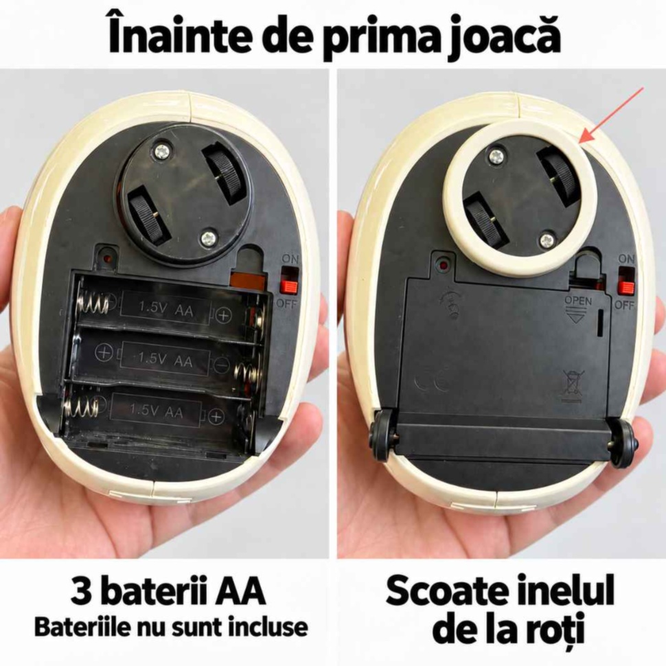 Pregătirea găinușei: trei baterii AA neincluse și scoaterea inelului de protecție de la roți